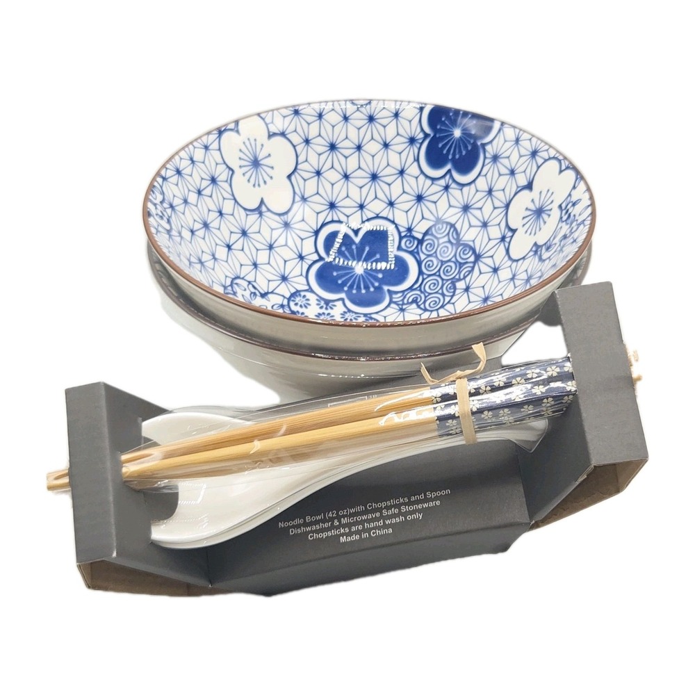 SH Home Blue Floral Ceramic Ramen Noodle Bowl Set of 2 With Chopsticks And Spoon